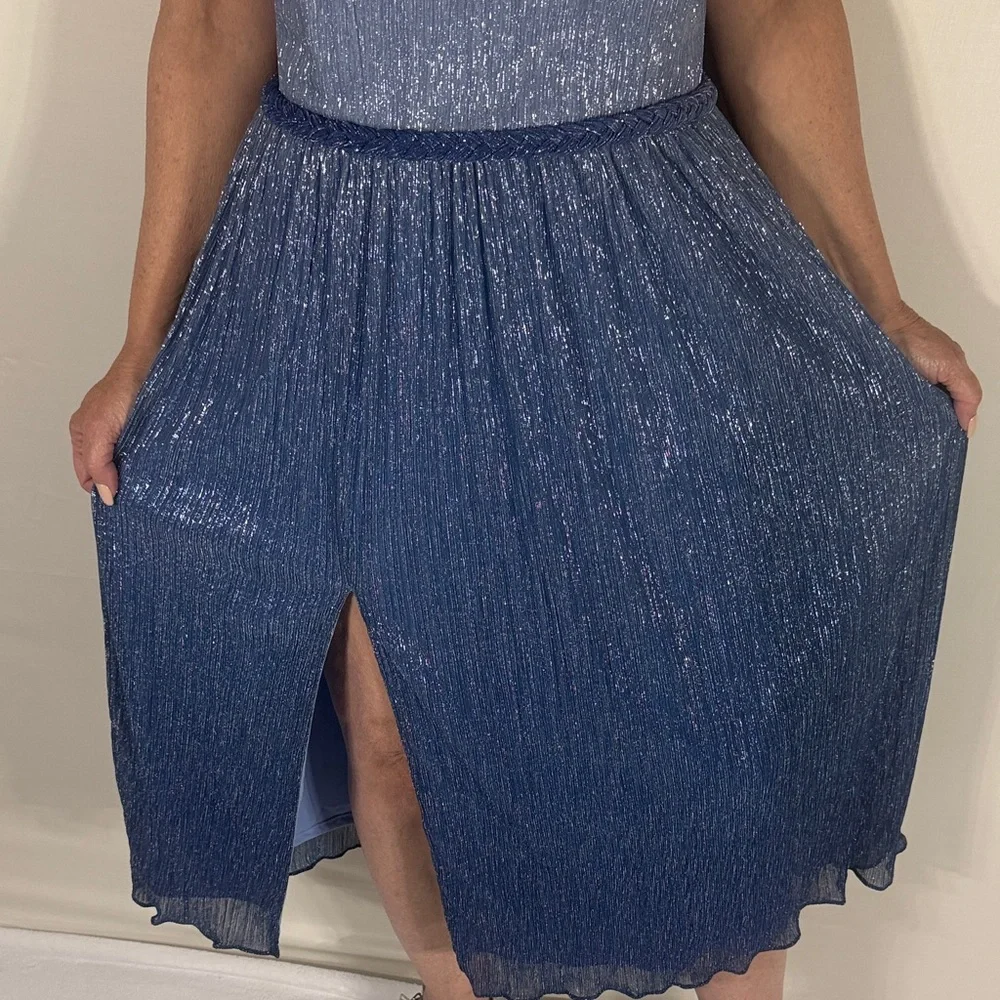 DRESS THE POPULATION BLUE SHIMMER MIDI M